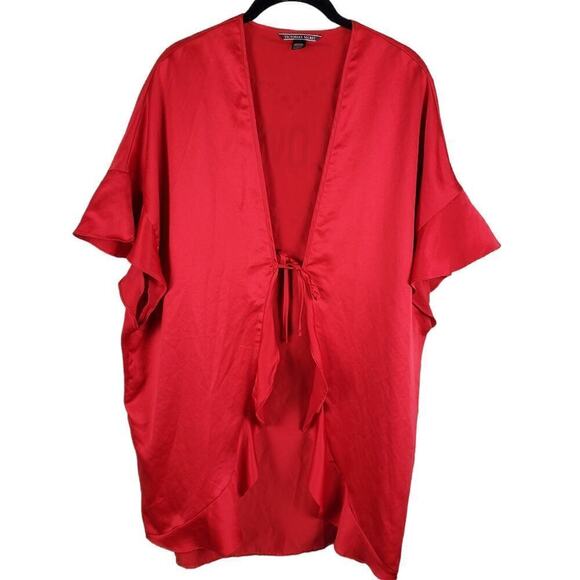Victoria's Secret Red Satin Robe Heart Design Tie Closure, Ruffle Trim Romantic - Picture 1 of 9